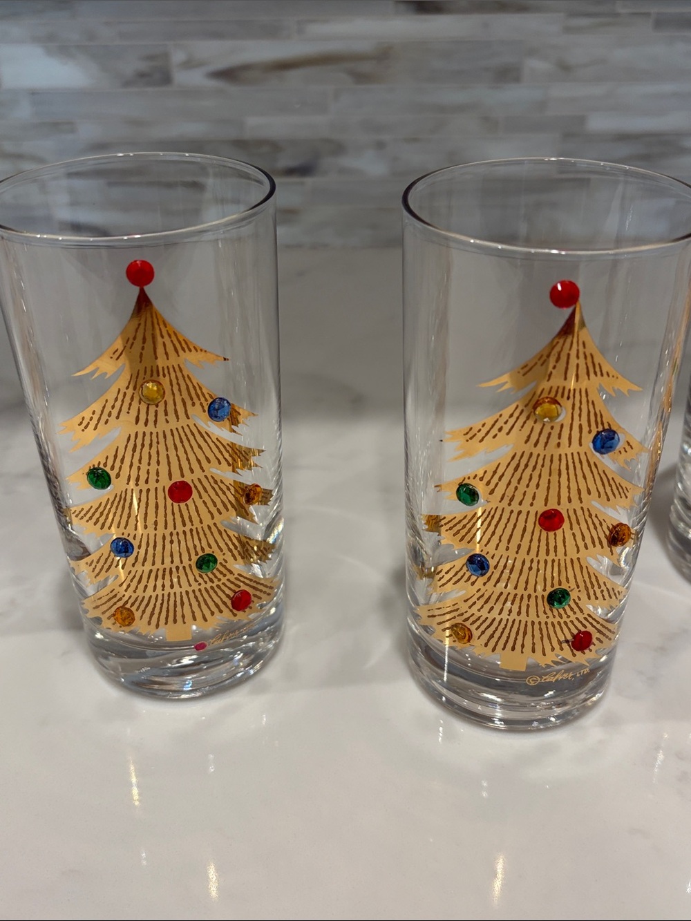 Vintage Christmas Highball Glasses Culver Gold Tree w Jewels Signed Set of 8 - Picture 5 of 9